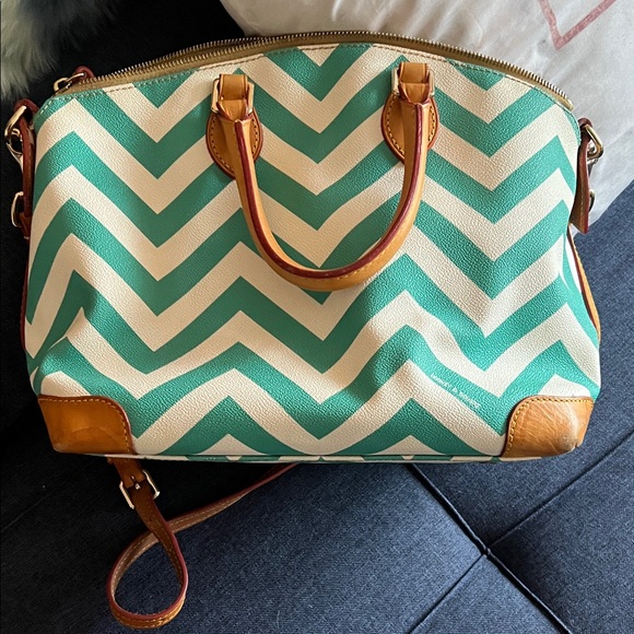 Dooney & Bourke Teal and Cream Chevron Satchel with Tan Leather Trim - Picture 5 of 13